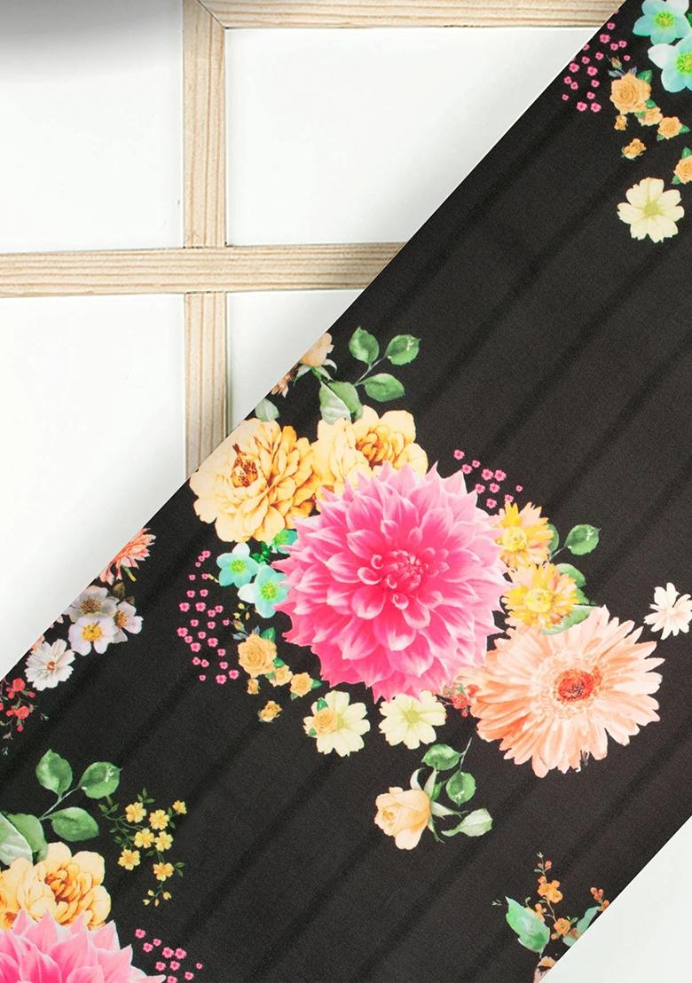 Black Printed Georgette Pre Draped Saree Set - Indya