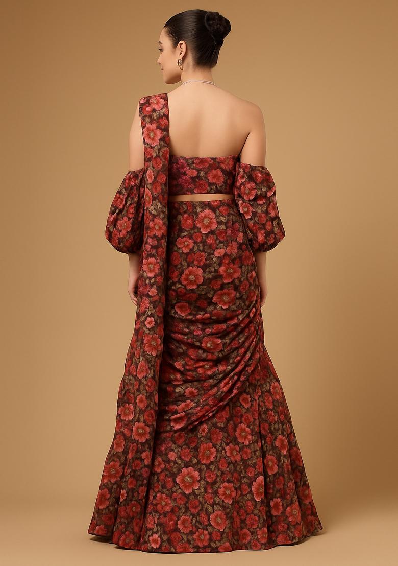 Brown Printed Crepe Pre Draped Saree Set - Indya