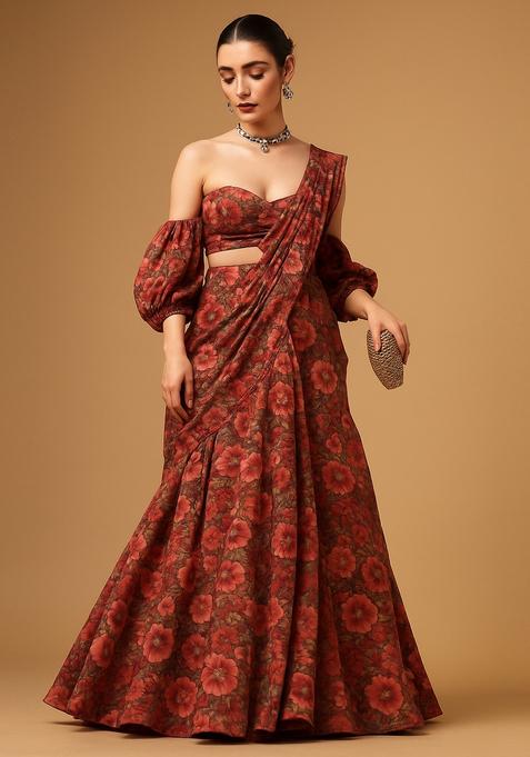 Brown Printed Crepe Pre Draped Saree Set