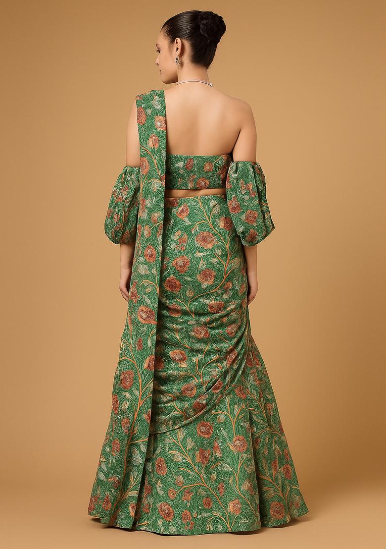 Green Printed Crepe Pre Draped Saree Set - Indya