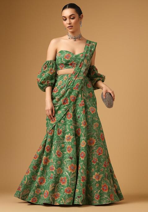 Green Printed Crepe Pre Draped Saree Set