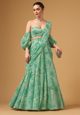 Sea Green Printed Chinon Chiffon Pre Draped Saree Set