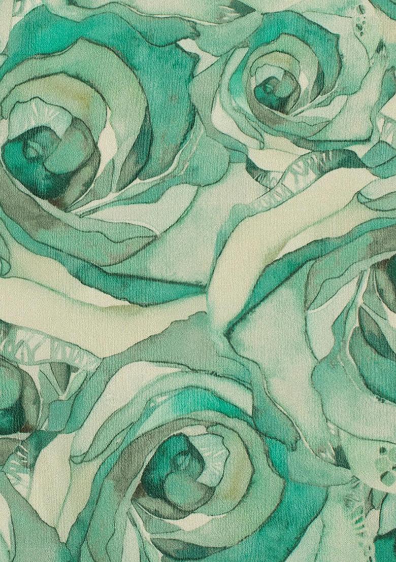 Sea Green Printed Chinon Chiffon Pre Draped Saree Set - Indya