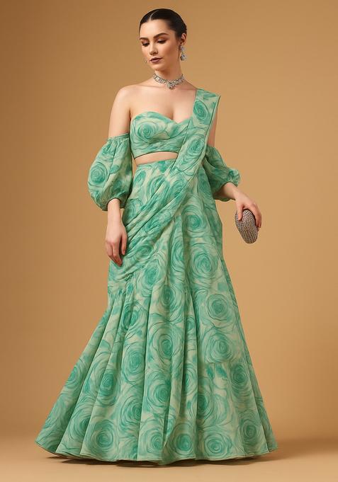 Sea Green Printed Chinon Chiffon Pre Draped Saree Set