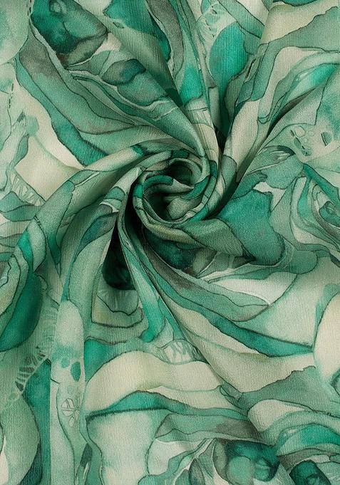 Sea Green Printed Chinon Chiffon Pre Draped Saree Set