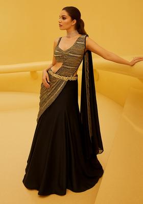 Black And Golden Sequined Embellished Georgette Pre Draped Saree Set