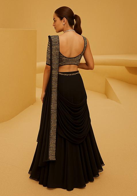 Black And Golden Sequined Embellished Georgette Pre Draped Saree Set