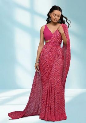 Pink Printed Georgette Pre Draped Saree Set