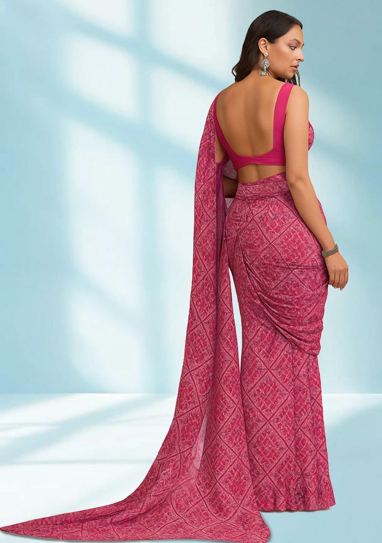 Pink Printed Georgette Pre Draped Saree Set - Indya