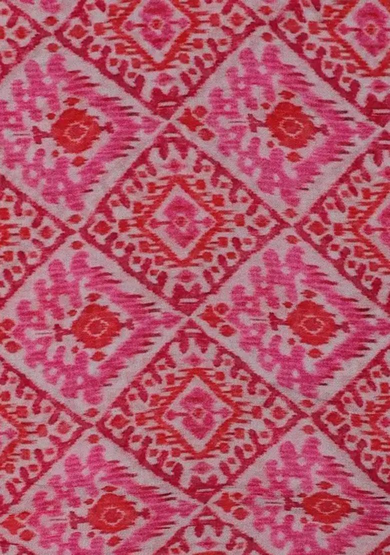 Pink Printed Georgette Pre Draped Saree Set - Indya