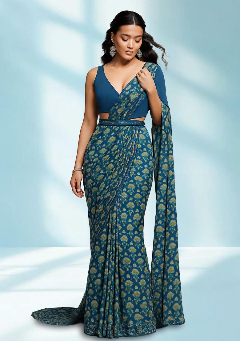 Blue Printed Silk Pre Draped Saree Set