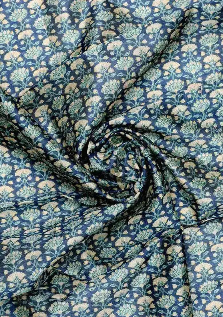 Blue Printed Silk Pre Draped Saree Set