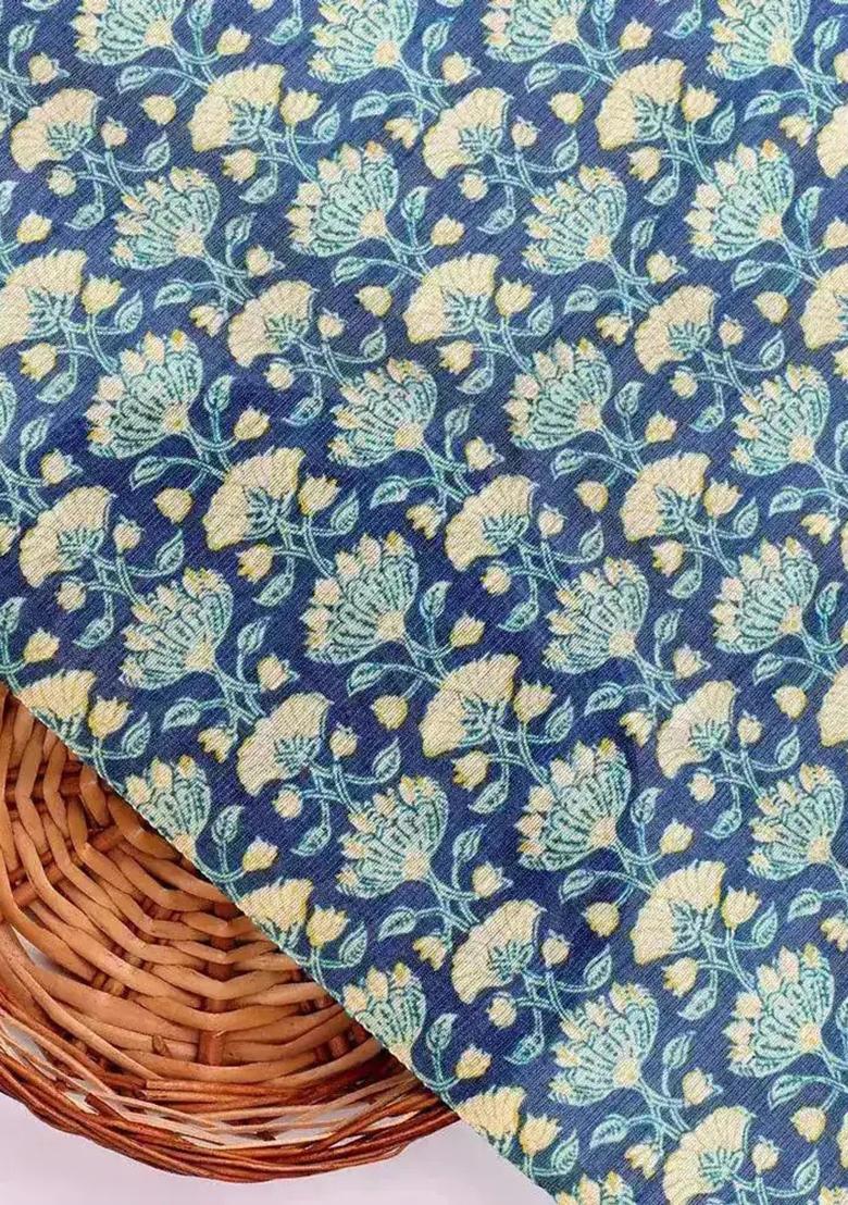 Blue Printed Silk Pre Draped Saree Set