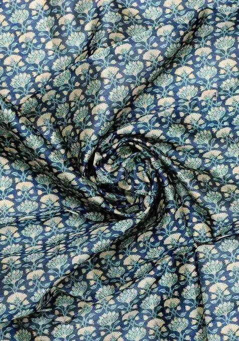 Blue Printed Silk Pre Draped Saree Set