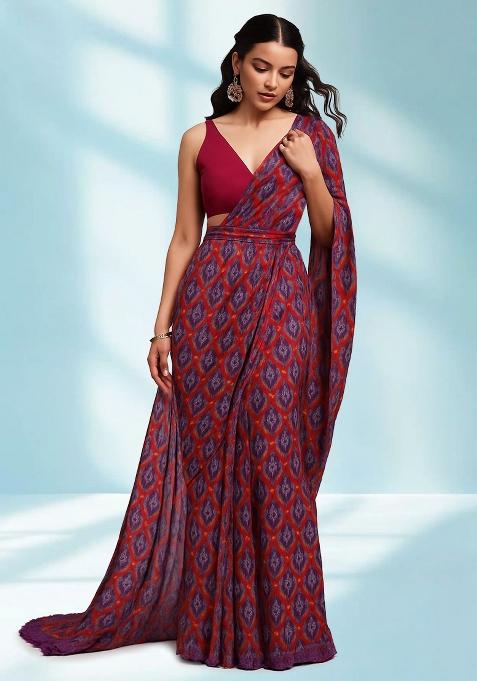 Maroon Printed Silk Pre Draped Saree Set