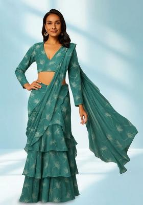 Blue Printed Silk Pre Draped Saree Set