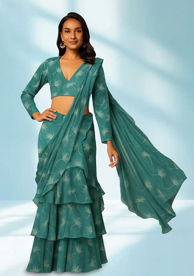 Blue Printed Silk Pre Draped Saree Set