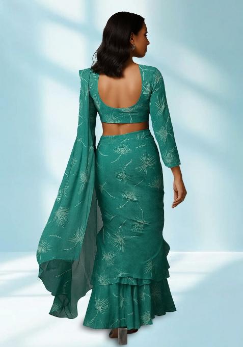 Blue Printed Silk Pre Draped Saree Set