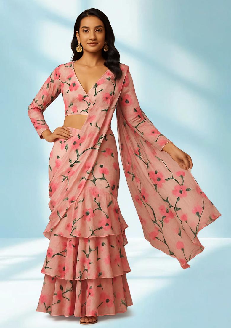Peach Printed Silk Pre Draped Saree Set