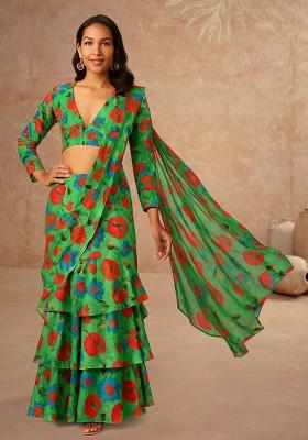 Green Printed Chinon Pre Draped Saree Set