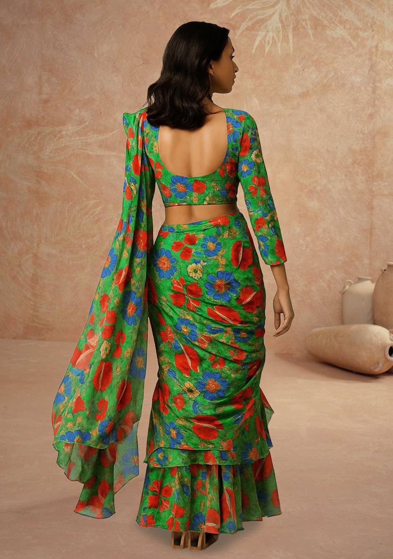 Green Printed Chinon Pre Draped Saree Set - Indya