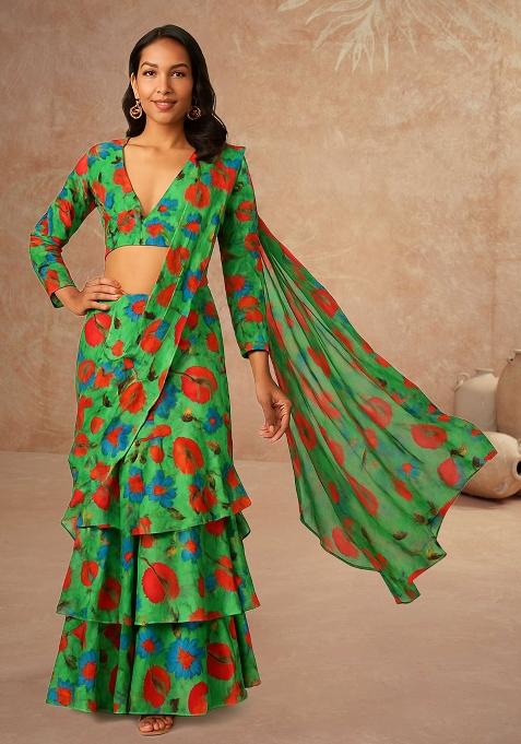 Green Printed Chinon Pre Draped Saree Set