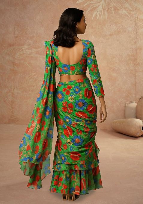 Green Printed Chinon Pre Draped Saree Set