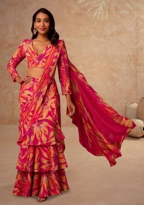 Pink Printed Satin Pre Draped Saree Set