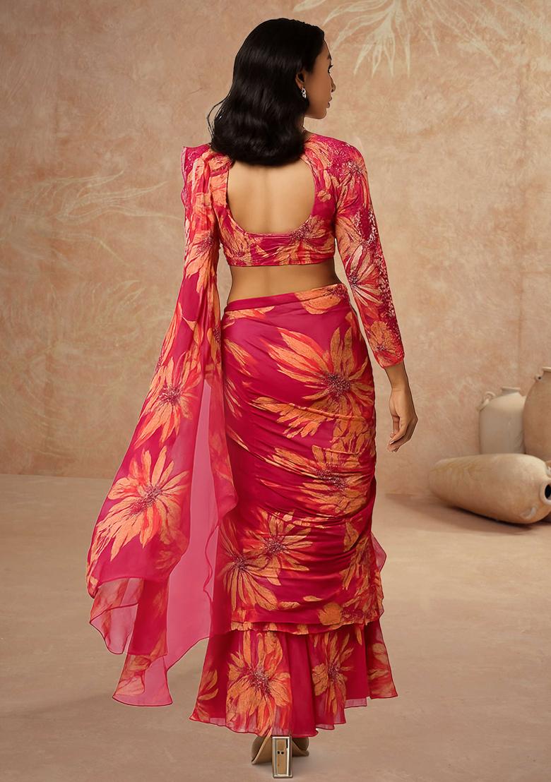 Pink Printed Satin Pre Draped Saree Set - Indya