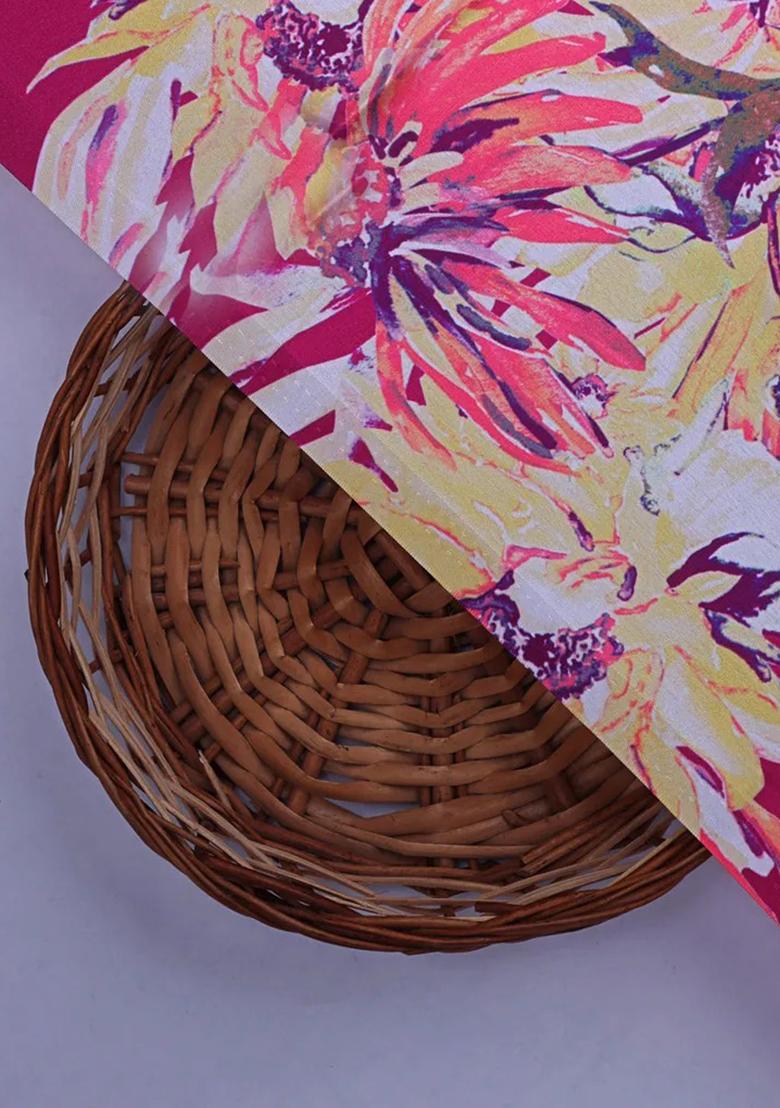 Pink Printed Satin Pre Draped Saree Set - Indya