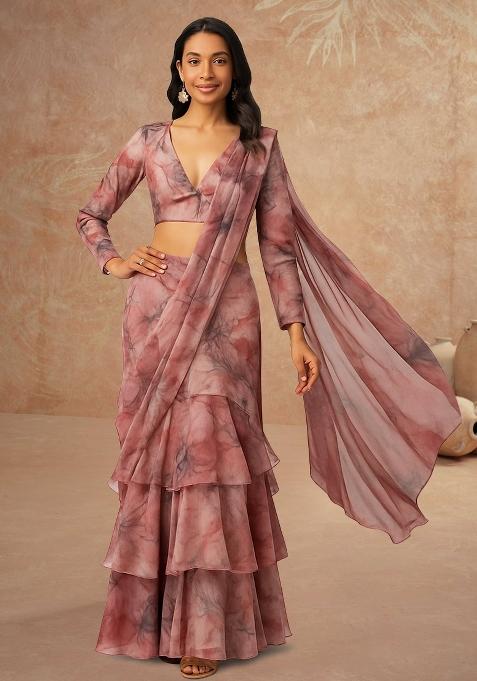 Pink Printed Georgette Pre Draped Saree Set