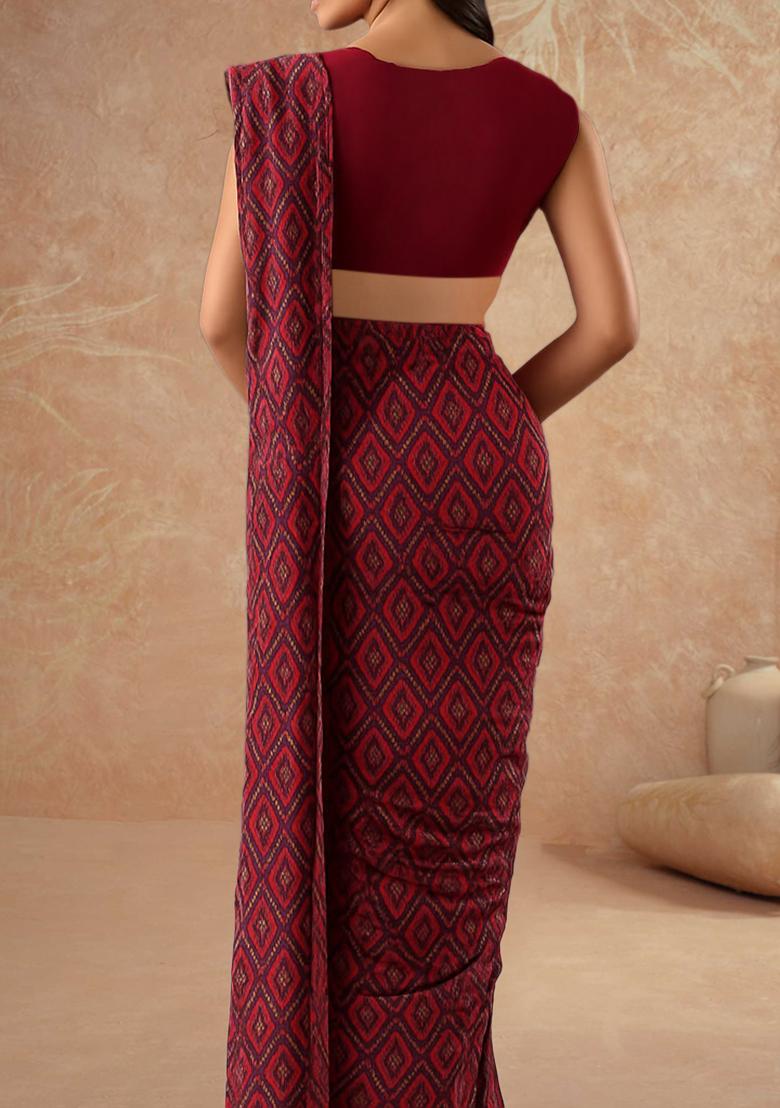 Maroon Printed Silk Pre Draped Saree Set