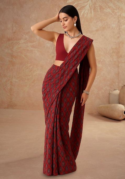 Maroon Printed Silk Pre Draped Saree Set