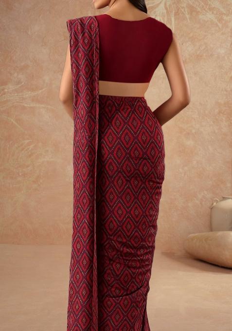 Maroon Printed Silk Pre Draped Saree Set