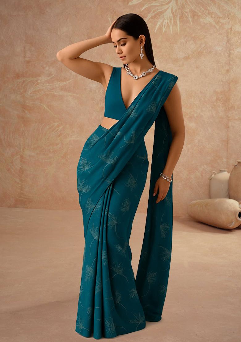 Blue Printed Silk Pre Draped Saree Set