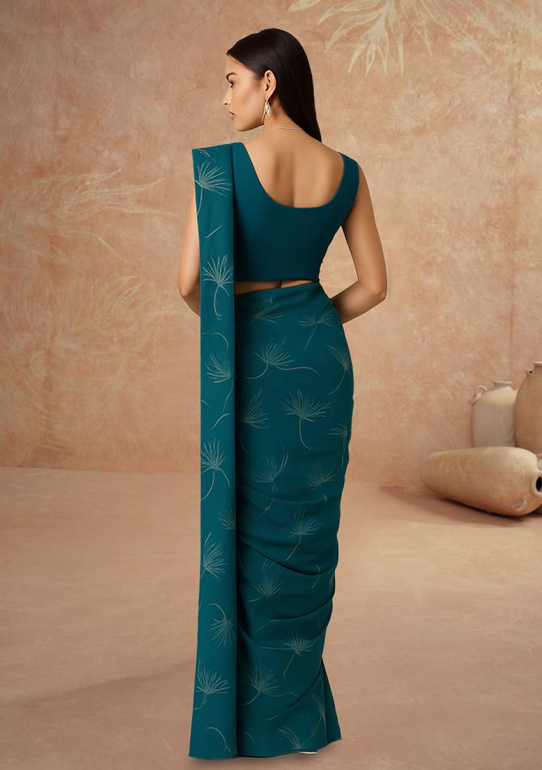 Blue Printed Silk Pre Draped Saree Set