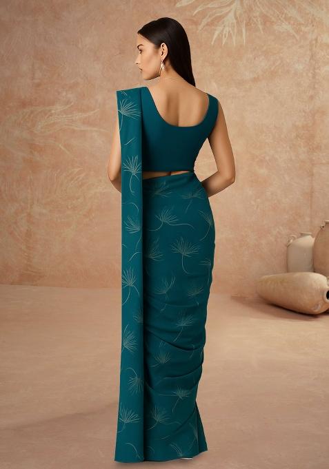 Blue Printed Silk Pre Draped Saree Set