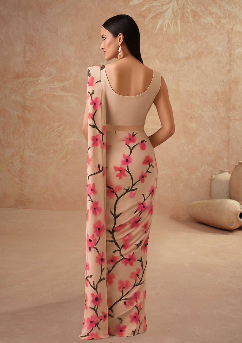 Peach Printed Silk Pre Draped Saree Set