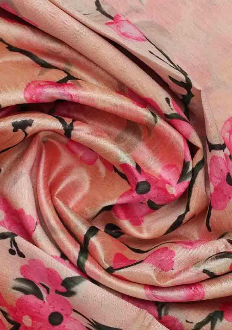 Peach Printed Silk Pre Draped Saree Set