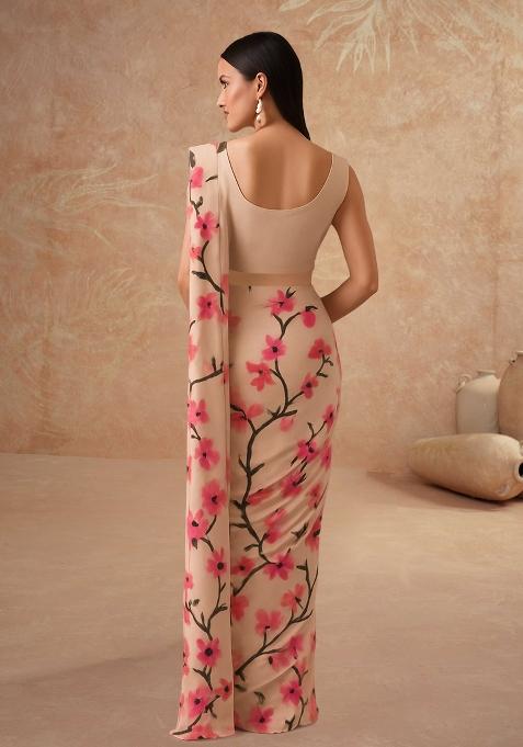 Peach Printed Silk Pre Draped Saree Set