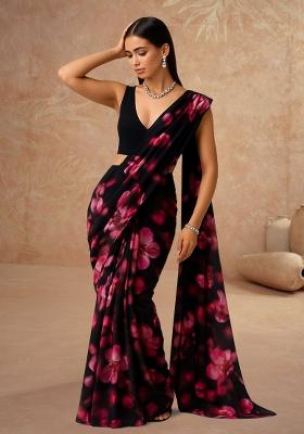 Black Printed Georgette Pre Draped Saree Set