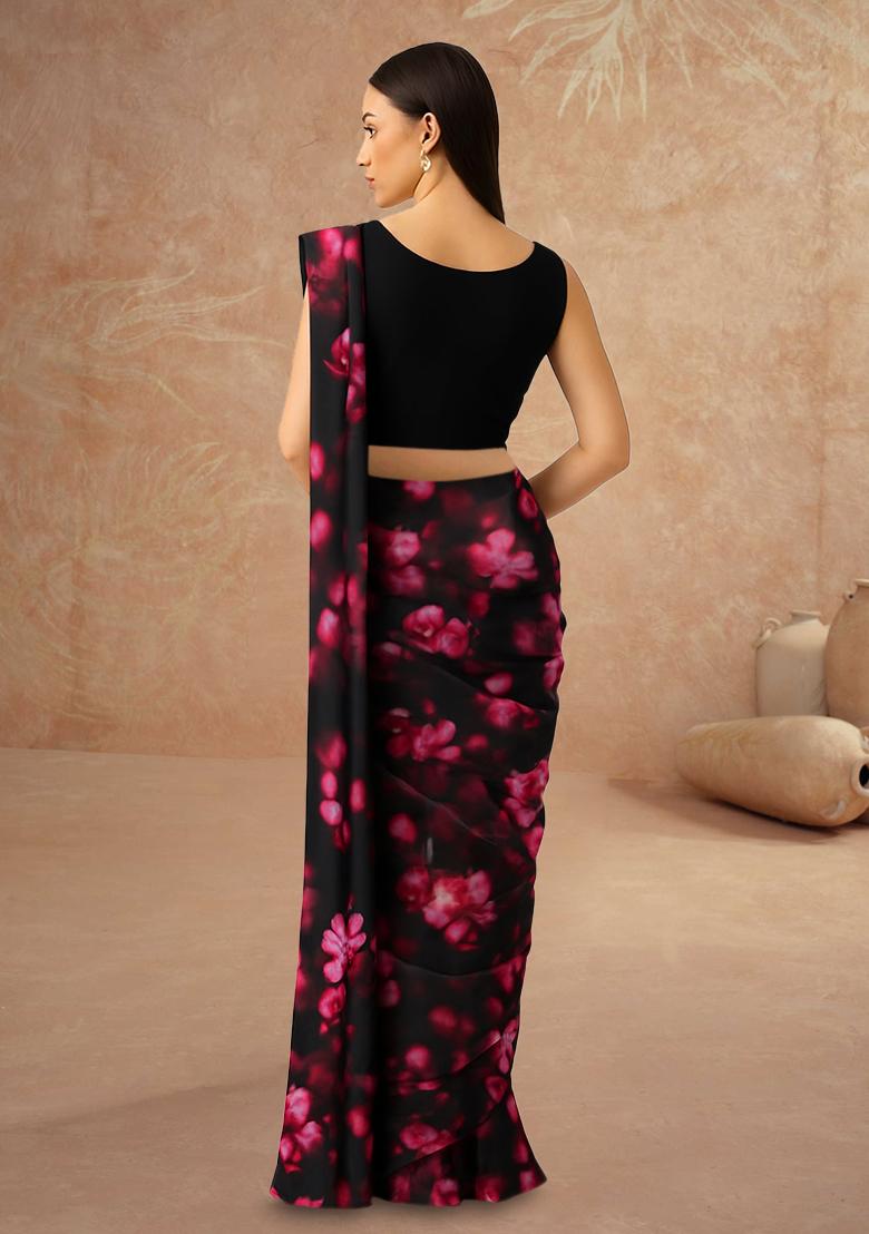 Black Printed Georgette Pre Draped Saree Set - Indya