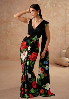 Black Printed Silk Pre Draped Saree Set