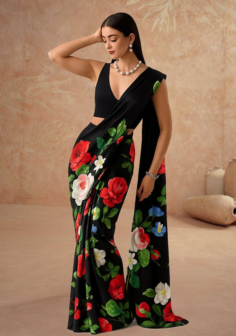 Black Printed Silk Pre Draped Saree Set