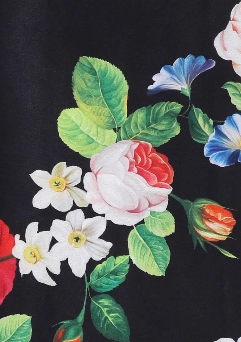 Black Printed Silk Pre Draped Saree Set