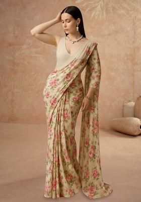 Off White Printed Silk Pre Draped Saree Set