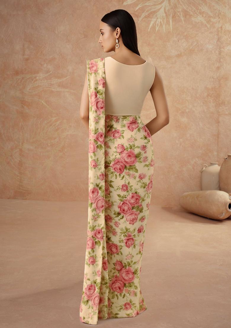 Off White Printed Silk Pre Draped Saree Set