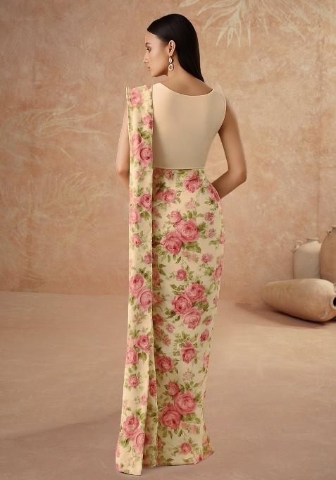 Off White Printed Silk Pre Draped Saree Set