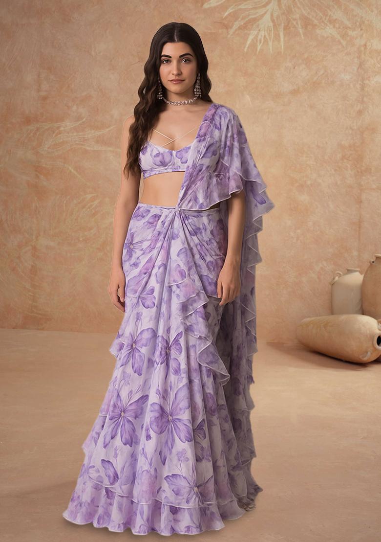 Lavender Printed Organza Pre Draped Saree Set