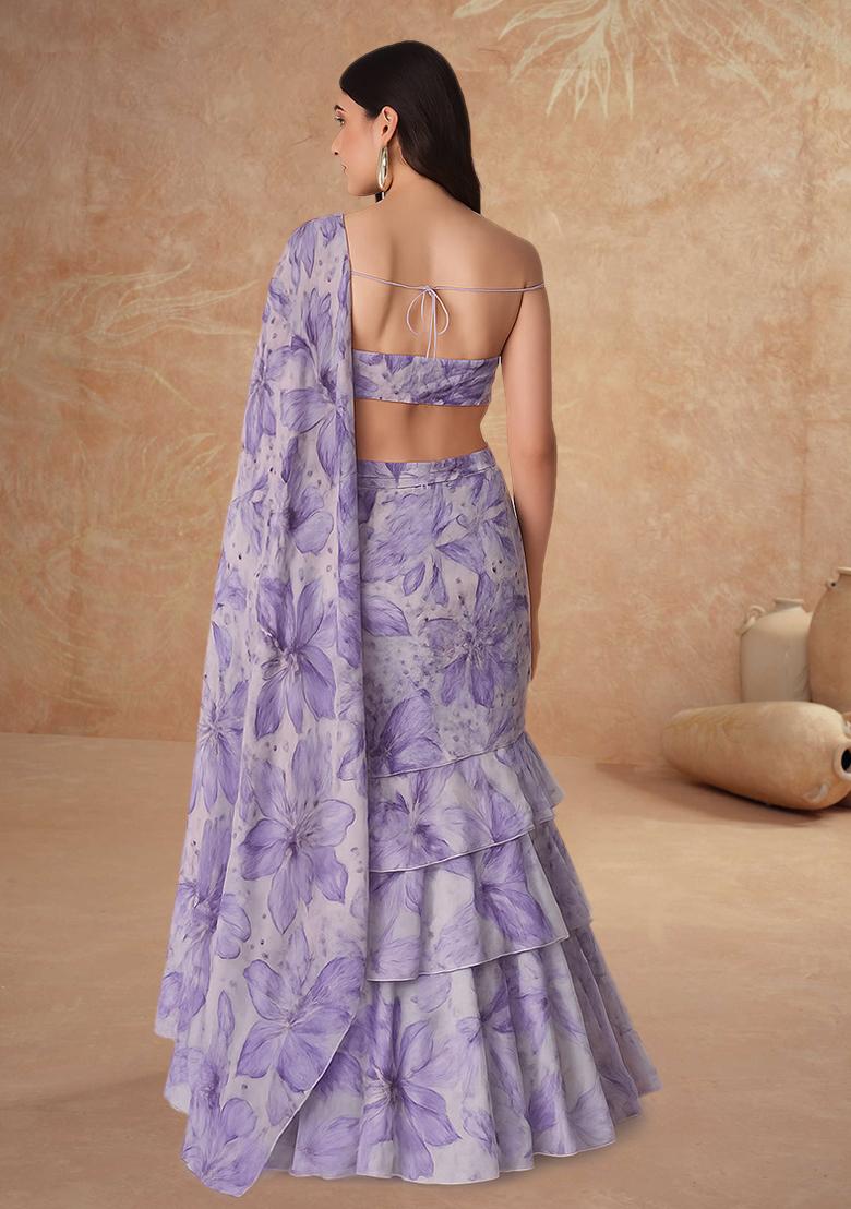 Lavender Printed Organza Pre Draped Saree Set - Indya